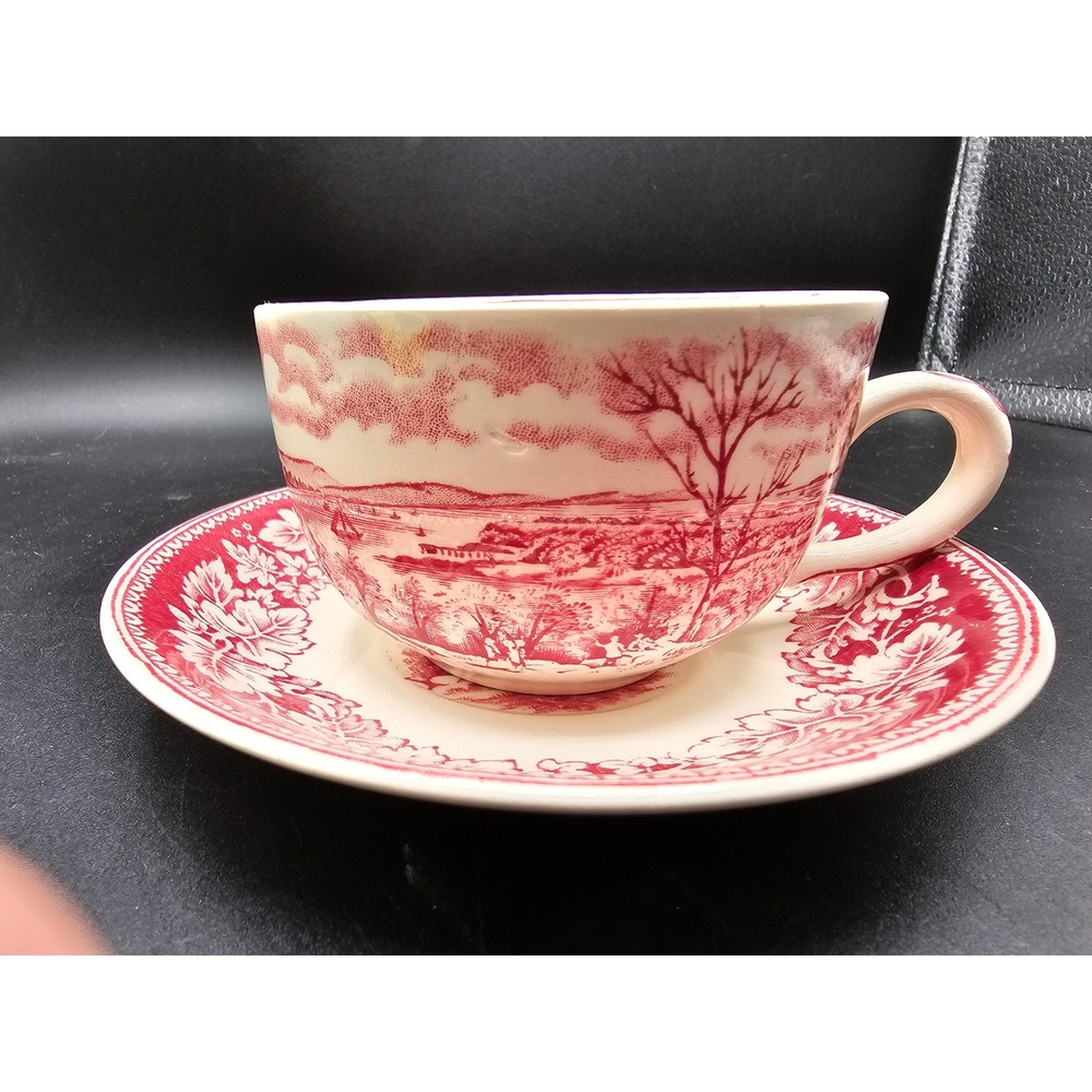 Homer Laughlin Currier & Ives Red Transferware Tea Cup Saucer View of New York